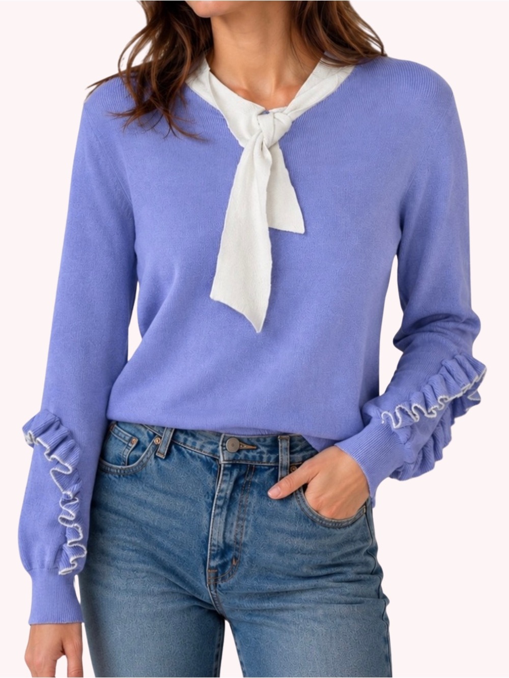 L'ECCOVE Lilac Ribbed Knit Sweater with White Bow and Ruffle Sleeves